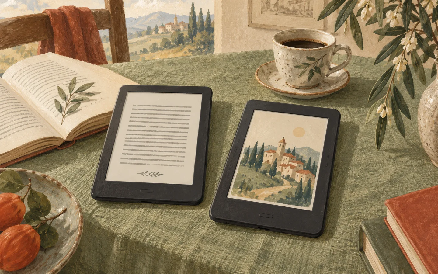 Illustrazione: due lettori digitali accanto a un libro